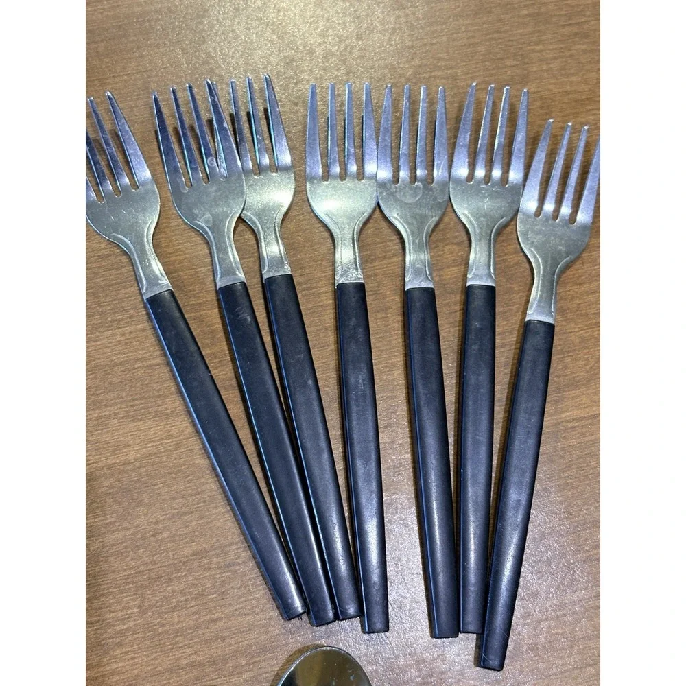 Large Set of MCM Black Handle Flatware Retro Dinerware 50's Forks Knives Spoons